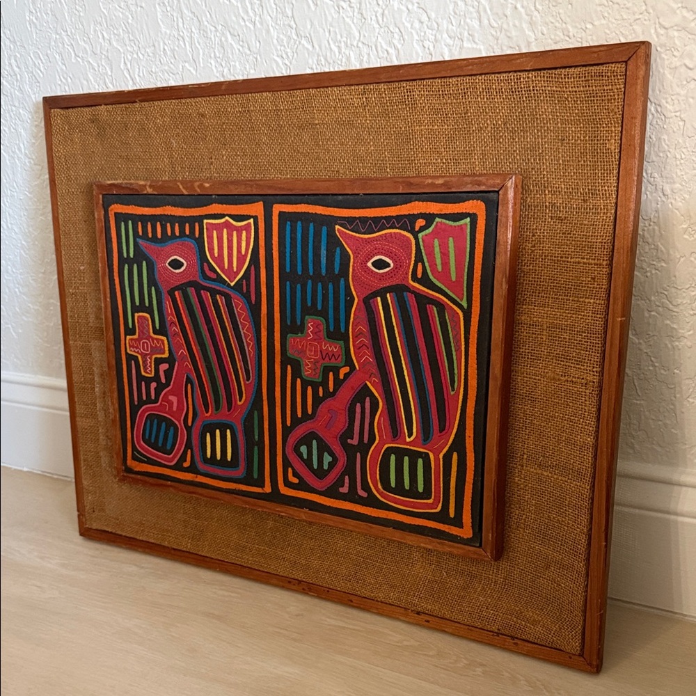 Vintage Mola Hand Sewn Framed Panama Textile Bird Folk Art